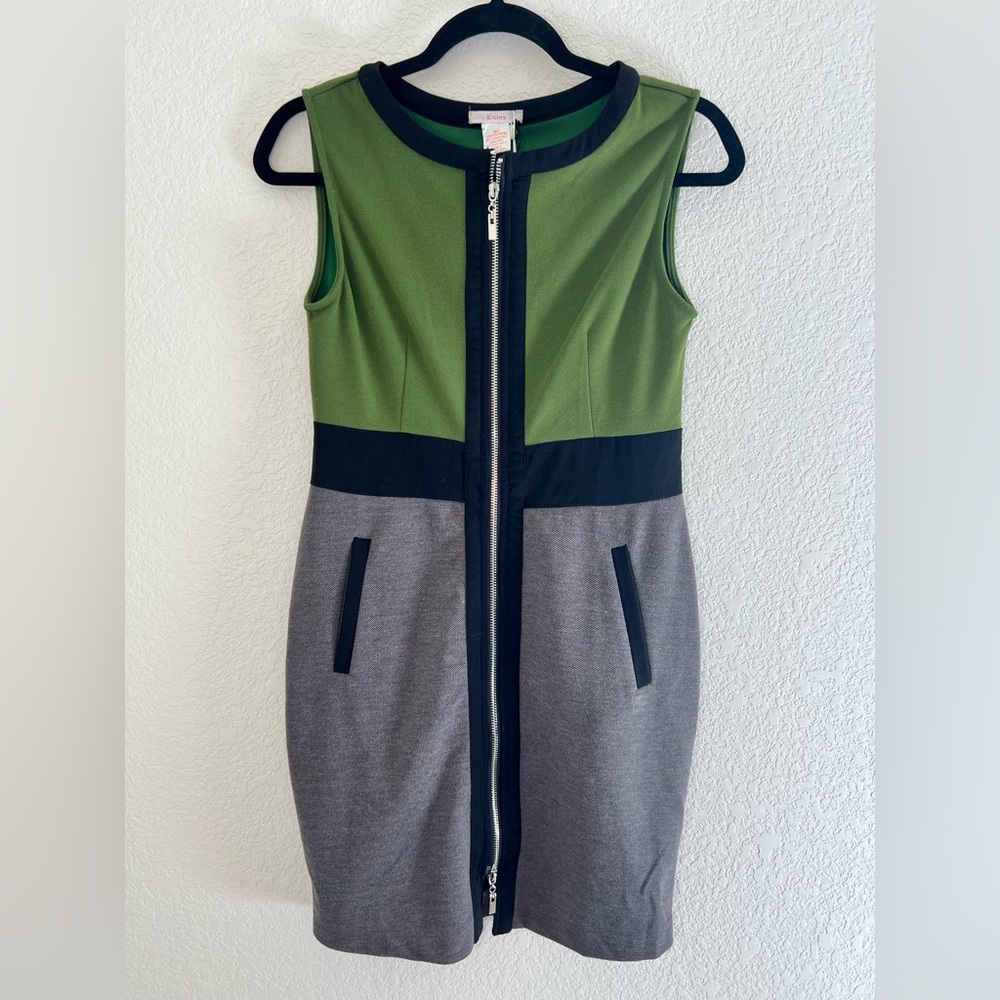 Esley Olive Green, Black & Gray Colorblock Zip-Front Dress NWT